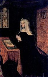 A depiction of Margaret kneeling in prayer before an open book of hours. Margaret was known to spend several hours daily in prayer, while the furnishing of the rooms reveal her wealth.